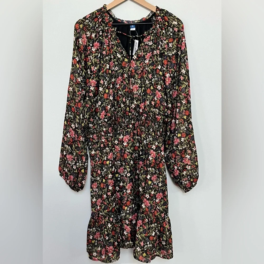 Old Navy NWT Long Sleeve Chiffon Waist Defined Shine Floral Dress Size XXL Tall